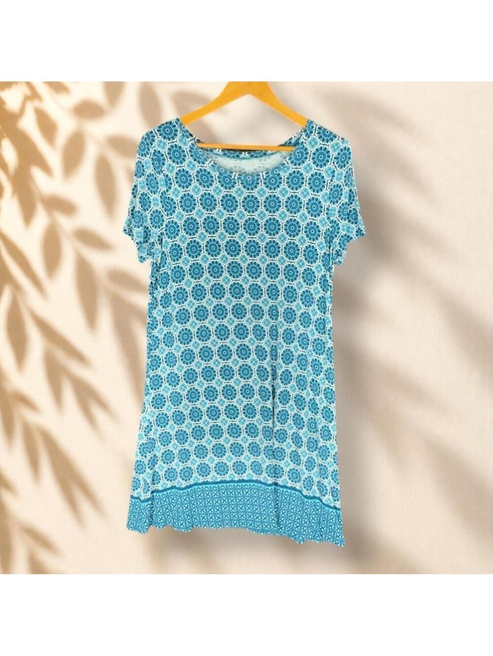 St. John's Bay Dress Women L Large Blue Geometric Shift Midi Short Sleeve Rayon
